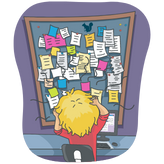 Cartoon of woman sitting at a desk in front of a bulletin board filled with notes